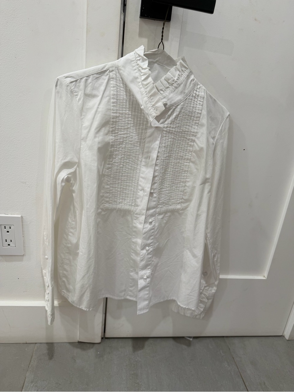 Banana Republic White Ruffle High Neck Pintuck Button-Up Blouse Size S
